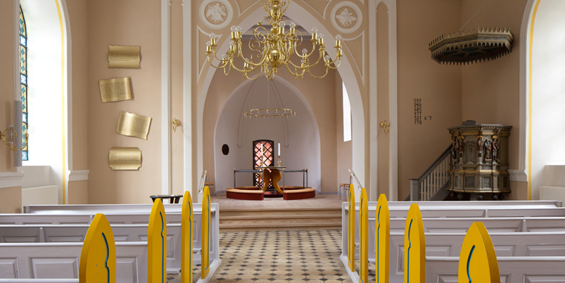 Buet murstensindgang til klostergård med potteplanter.